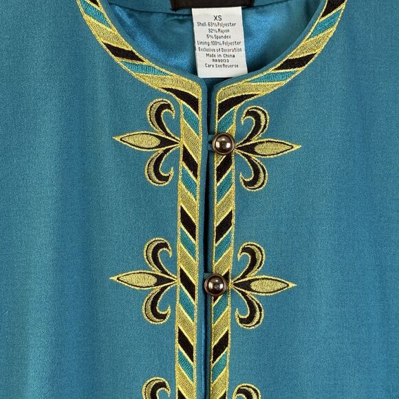 Vintage Bob Mackie Wearable Art Embroidered Fleur De Lis Teal Jacket Blazer XS - Picture 2 of 6